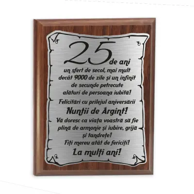 25 de ani un sfert de secol..., placheta lemn personalizata prin gravura